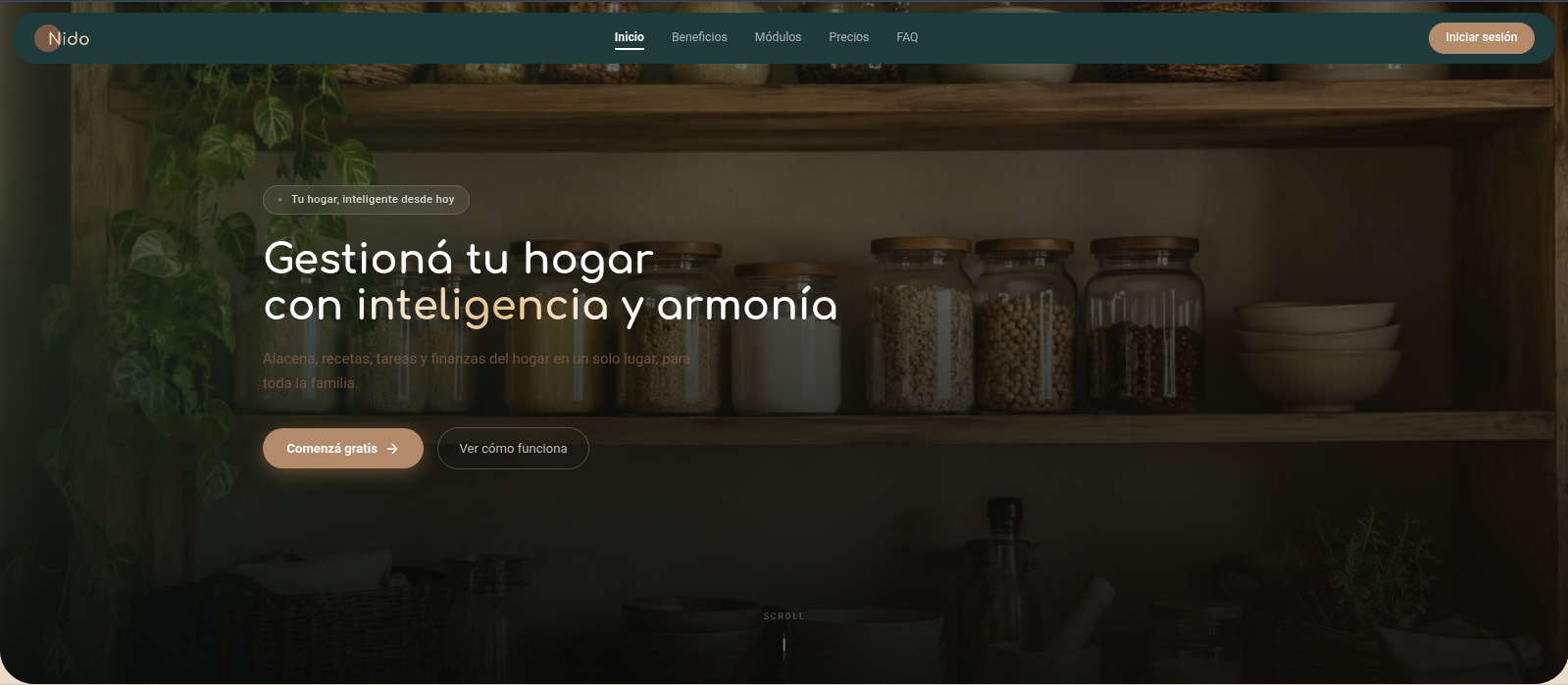 Página principal de Nido mostrando la propuesta de valor para la gestión del hogar